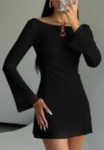Off-Shoulder A-Line Fitted Dress With Flared Sleeves—Elegant Style - Image 2