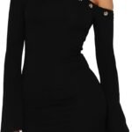 Off-Shoulder Fitted Mini Dress With Flared Sleeves—Stylish Clubwear