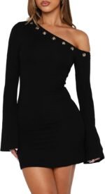 Off-Shoulder Fitted Mini Dress With Flared Sleeves—Stylish Clubwear