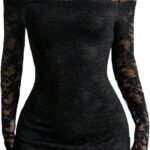 Off-Shoulder Long-Sleeve Fitted Mini Dress With Lace—Sexy Party Style
