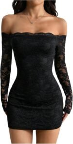 Off-Shoulder Long-Sleeve Fitted Mini Dress With Lace—Sexy Party Style