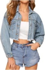 Women's Ripped Denim Jacket with Frayed Tassel Hem