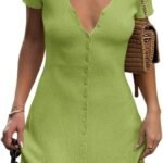Deep-V Button-Front Knit A-Line Mini Dress With Short Sleeves