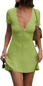 Deep-V Button-Front Knit A-Line Mini Dress With Short Sleeves