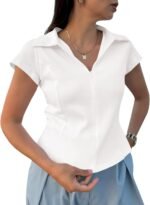 Women's Slim-Fit Short-Sleeve Polo Shirt with Collar and V-Neck - Image 2
