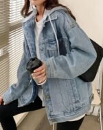 Women's Loose-Fit Distressed Denim Jacket with Hood - Image 2