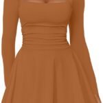 Square-Neck Fitted Mini Dress With Long Sleeves, Ruffles, And A Cinched Waist