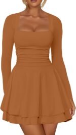Square-Neck Fitted Mini Dress With Long Sleeves, Ruffles, And A Cinched Waist