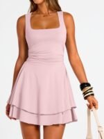 Square-Neck Ruffled Mini Dress With Cinched Waist And Ruching - Image 2