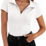 Women's Slim-Fit Short-Sleeve Polo Shirt with Collar and V-Neck