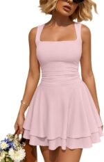 Square-Neck Ruffled Mini Dress With Cinched Waist And Ruching