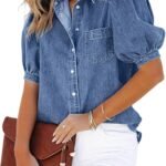 Women's Washed Denim Shirt Jacket with Puff Sleeves