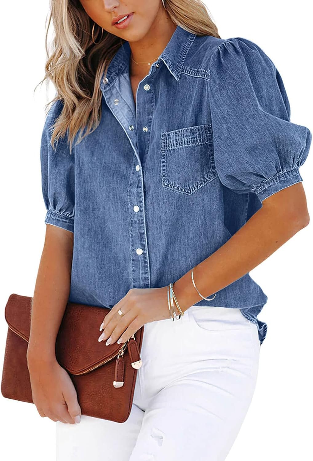 71RBrZ93uqL._AC_SL1500_.jpg Women's Washed Denim Shirt Jacket with Puff Sleeves - Image 1