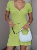Deep-V Button-Front Knit A-Line Mini Dress With Short Sleeves - Image 2