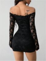 Off-Shoulder Long-Sleeve Fitted Mini Dress With Lace—Sexy Party Style - Image 2