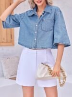 Women's Short-Sleeve Button-Front Denim Shirt Jacket - Image 2