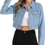 Women's Cropped Denim Jacket with Pockets and Buttons