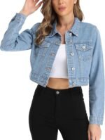 Women's Cropped Denim Jacket with Pockets and Buttons